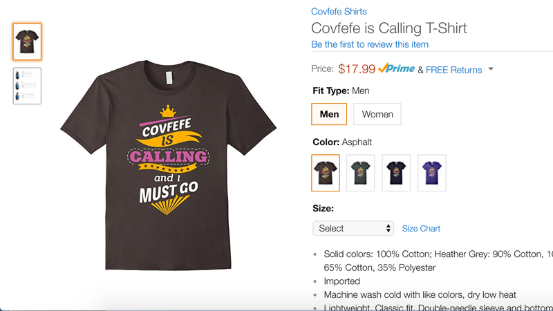 Illustration for article titled Be the Saddest Guy in the Office With Amazon's Embarrassing 'Covfefe' Swag